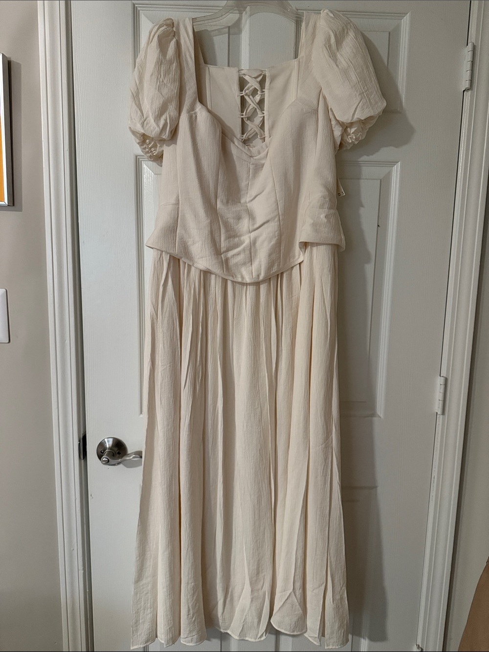 BHLDN Cream Lace-Up Bodice Puff Sleeve Maxi Dress